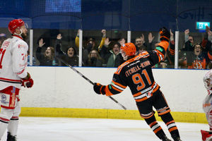 Rhodes Mitchell-King skates away to celebrate with the Telford Tigers fans in Shropshire on Sunday (Picture: Lauren Rankin)