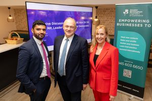 Sir Ed Davey, leader of the Liberal Democrats, at a Q&A for Greater Birmingham Chamber of Commerce. From left – Raj Kandola (acting deputy CEO, Greater Birmingham Chambers of Commerce), Sir Ed Davey and Sarah Walker-Smith (CEO, Ampa)
