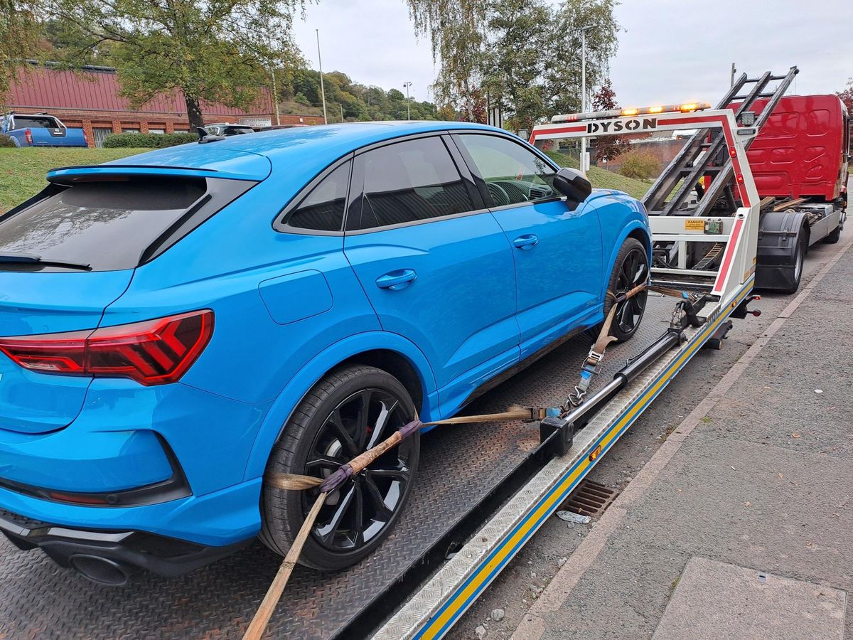Performance car towed from Bridgnorth street for no tax and incorrect number plates