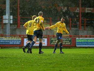 Russell Benjamin of AFC Telford United celebrates after scoring a goal to make it 0-1