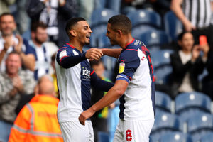 Karlan Grant of West Bromwich Albion celebrates after scoring a goal to make it 3-0 with Jake Livermore of West Bromwich Albion. (AMA)