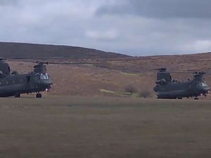 Supporting image for story: WATCH: Helicopter fans get a treat as giant RAF Chinooks land on the Long Mynd