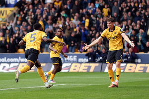 Marshall Munetsi of Wolverhampton Wanderers celebrates after heading the ball which deflected from Bart Verbruggen(Photo by Richard Heathcote/Getty Images)
