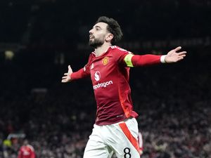 Manchester United’s Bruno Fernandes celebrates scoring in the Europa League against Real Sociedad at Old Trafford