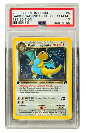 A 1st edition Team Rocket Dark Dragonite Holo, PSA Gem Mint 10, estimated to make £2,000-£3,000.
