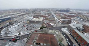 Snow scattered across West Bromwich town centre visible from the Premier Inn Hotel on the high street