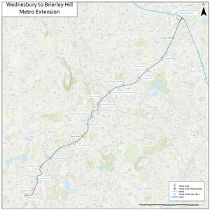 The route of the Wednesbury to Brierley Hill Metro line. Image: Midland Metro Alliance