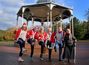 Sophie Higgins and chief executive Lisa Cowley, both from Beacon Centre, mayor Dr Mike Hardacre and mayoress Lynn Hardacre, Councillor Zee Russell and community volunteer Usha Patel look forward to the Santa run