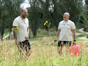 Mike Tindall and James Haskell in Market Harborough during the Pedal for Paris ride in July 2024