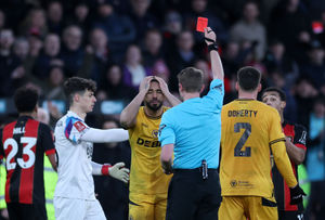 Matheus Cunha is sent off (Photo by Ryan Pierse/Getty Images)