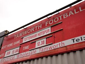 A view of the fixture board outside The Lamb Ground for Tamworth's FA Cup tie against Tottenham