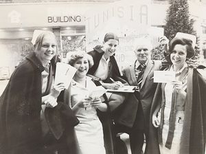 Student nurses from Kidderminster General Hospital were selling raffle tickets in aid of the Friends. The photograph shows (from left) Sarah Penny, Sharon Cresswell, Alison Mannion, and Vernie Francis-Flores with Albert Jackson from Far Forest near Bewdley in October 1978.