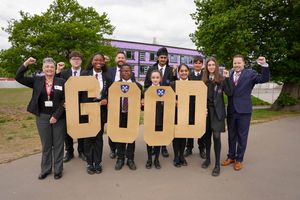Councillor Jacqui Coogan, the City of Wolverhampton Council's Cabinet Member for Children, Young People and Education, Tim Mullen-Furness, Principal, Matt Jevons, Chair of Governors, and pupils standing proudly in front of the new St Peter’s Collegiate Academy building, set to open in January 2026. Photo: St Peter's Collegiate Academy