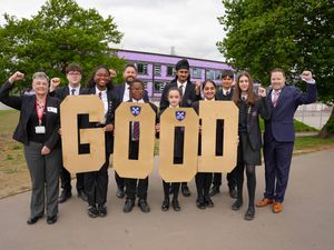 Councillor Jacqui Coogan, the City of Wolverhampton Council's Cabinet Member for Children, Young People and Education, Tim Mullen-Furness, Principal, Matt Jevons, Chair of Governors, and pupils standing proudly in front of the new St Peter’s Collegiate Academy building, set to open in January 2026. Photo: St Peter's Collegiate Academy