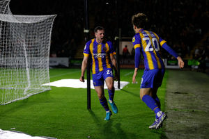 Jordan Shipley of Shrewsbury Town celebrates after scoring a goal to make it 0-1 (AMA)