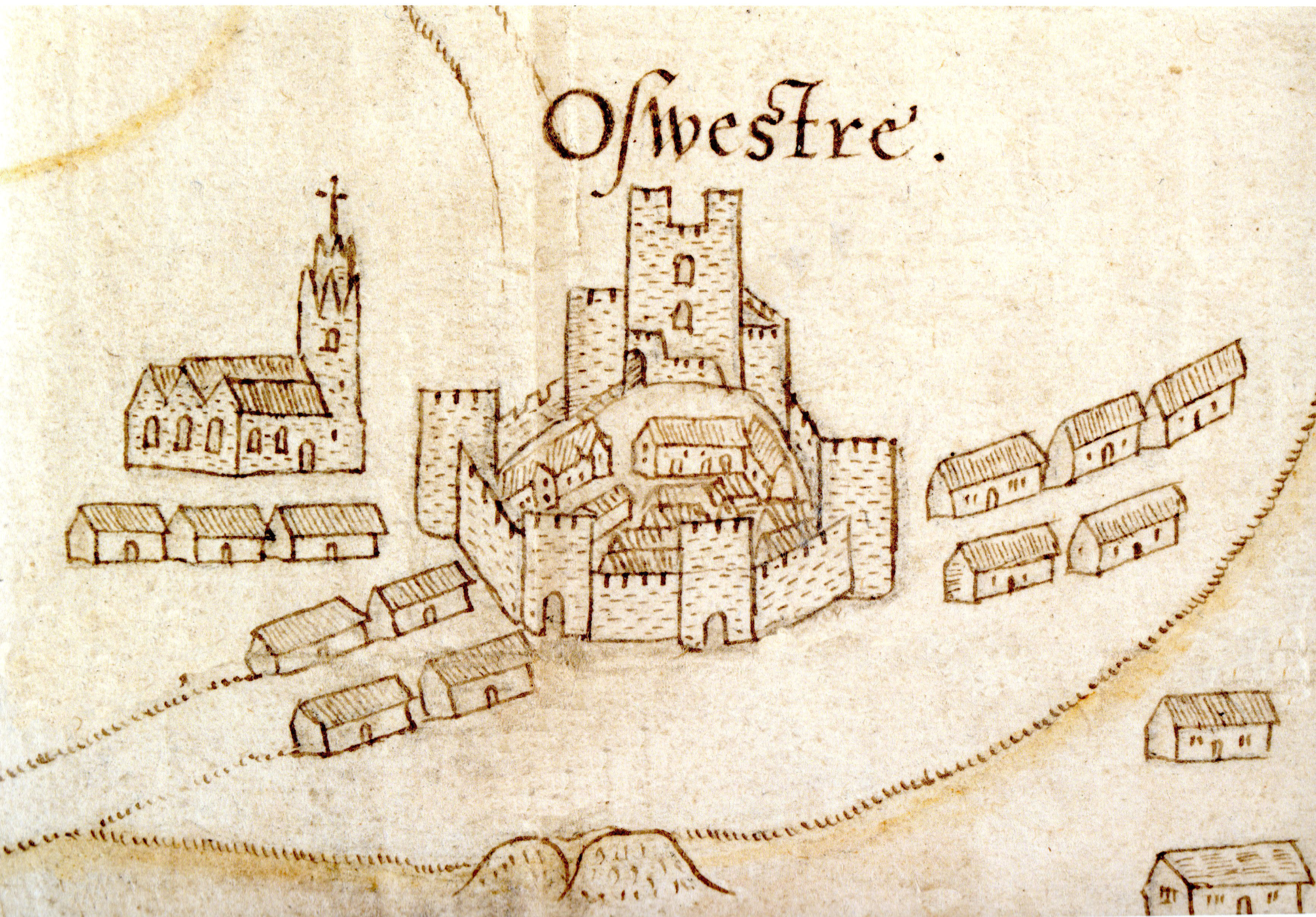 Oswestry, showing its castle, town walls and parish church