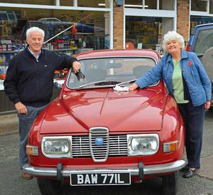 John Edwards, who originally sold the 1972 Saab 96 from new for £1,023, and Doris Williams, are reunited with the car