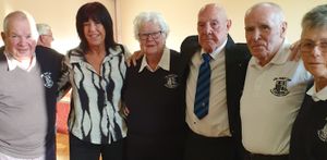 (Left to right) J W Hunt Cup treasurer Tony Duncombe, Harry’s daughter Amanda Worrall, JW Hunt Cup fund-raiser Sylvia Enefer, Harry, JW Hunt Cup president Alex Hamil and committee member Sue Rossington.  