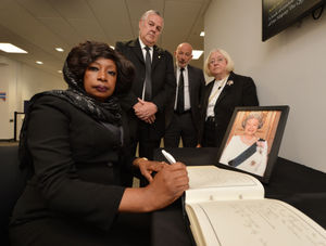 Signing the book of condolence, (left-right) Mayor of Wolverhampton Councillor Sandra Samuels OBE; Leader of Wolverhampton Council Ian Brookfield; Chief Executive Tim Johnson; and Leader of Opposition Group Councillor Wendy Thompson, at the Wolverhampton Civic Centre.