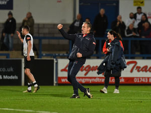 Telford United boss Kevin Wilkin celebrates their 4-1 win over Bishop's Stortford. (Image by Kieren Griffin)