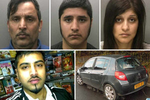 Top, Gul Nawaz, Kashim Nawaz, Zatoon Bibi, and bottom, victim Tanveer Iqbal and the Renault Clio where his body was found