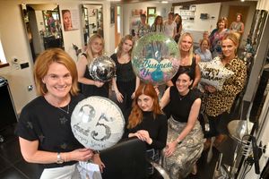 Helen Humphreys celebrating the anniversary with staff - Pippa Law, Katie Robinson, Iona Rickerby, Danielle Ford, Michelle Jackson and Emma Hayward - and customers