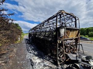 Supporting image for story: Coach destroyed in fire on major Shropshire road
