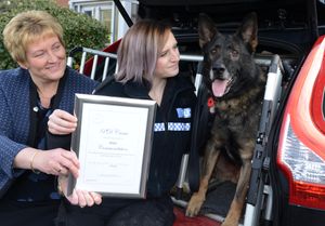 Canto with handler PC Emma Worall and Jan McLoughlin the charity's Director General