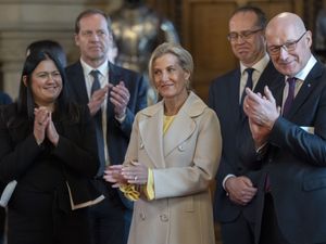 Minister for Culture, Media and Sport Lisa Nandy, the Duchess of Edinburgh and First Minister John Swinney at the 2027 Tour de France launch event at Edinburgh Castle