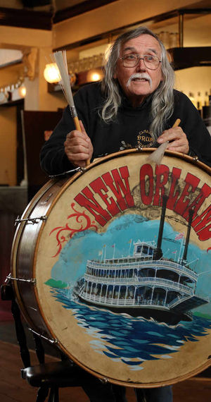 Alan with a 1927 universal bass drum made by Ludwig and Ludwig