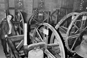 Mr Jeff Walker in the bell tower of St Leonard's, Bridgnorth, circa December 1983.