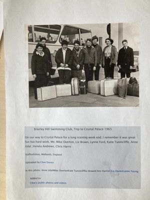 Members of Brierley Hill Amateur Swimming Club on a trip to the Crystal Palace in 1965 – Clive Davies, Mike Overton, Liz Brown, Lynne Ford, Kath Tunnicliffe, Ann Udall, Veneta Andrews, Cliff Harris