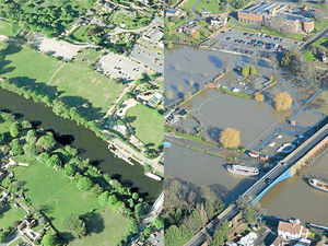 Supporting image for story: A town centre lost to the flood water - before and after pictures show River Severn flooding