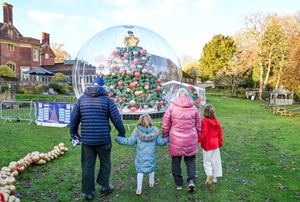 An image shows four people looking at the UK's first balloon Christmas tree at Moor Hall Hotel and Spa in Sutton Coldfield, West Midlands.
