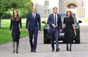 The Princess of Wales, the Prince of Wales and the Duke and Duchess of Sussex walk to meet members of the public at Windsor Castle  