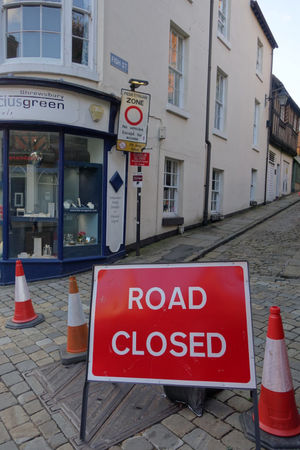 Road closed sign at the corner of Fish Street and High Street. Photo: W Tomaszewski
