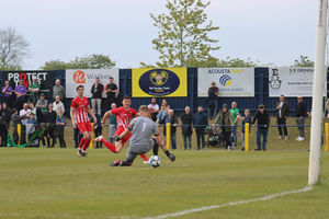 Brad Bood scores the crucial second goal in Shifnal Town's Midland League Premier Division play-off final triumph over 1874 Northwich (Picture: Kevin Wakerley)