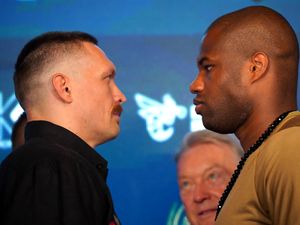 Oleksandr Usyk and Daniel Dubois face off during the press conference ahead of their 2023 bout.