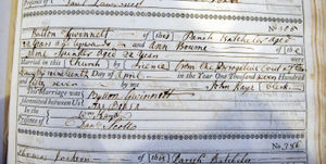 The record of Button Gwinnett's signature, in the book of marriages at St Peter's Church, Wolverhampton