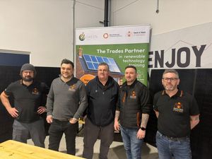 Teach A Trade team before the Great Green Upskill job fair, including Harry Wilkinson (second from left), Kieron Fisher (second from right) and Ian Edgeworth (right)