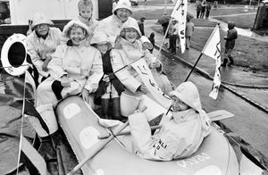 July 1987: 'Ashley Festival procession was held through the village, despite pouring rain on Saturday. The only people dressed for the weather were members of Ashley and Loggerheads Ladies' Guild, whose float had a lifeboat theme.' So says the caption'. The accompanying story began: 'Rain badly hit the start of a nine-day festival at Ashley, near Market Drayton, on Saturday. An evening concert in the marquee and a tug of war contest were postponed as the day-long deluge turned the festival field into a quagmire...' 