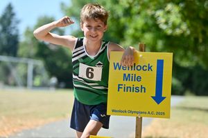 Much Wenlock , Gaskell Recreation ground and in the town, the Wenlock Olympians held there annual event which included a mile run this year.  Jacob Dalzell 9 (Wrekin Harriers) from Picklescott wins the first mile race.