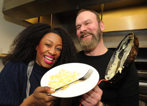 Judging an omelette challenge with Glynn Purnell, is Beverley Knight, at Birmingham Hippodrome