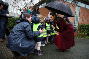 The Princess of Wales greets children as she arrives to visit the Oriel Davies art gallery in Newtown