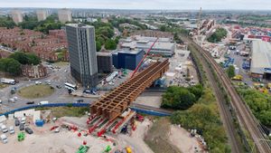 112m-long, 1,631-tonne steel HS2 bridge over a section of Lawley Middleway, Birmingham, West Midlands.