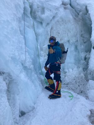 Adam climbing Everest's Khumbu Icefall, one of the most dangerous stages of the climb.
