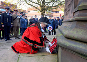 Mayor of Wolverhampton Claire Darke lays a wreath