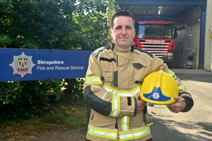 Peter Smith, is getting ready to join the team. He we still be a butcher but will be on call when he finishes that shift. He starts training in Telford next and will soon be on the engine with the crew. Pictured in his kit.