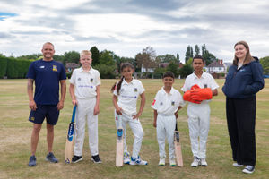 Georgia Thomas of Anwyl Homes at Shrewsbury Cricket Club with coach James Wojda and players Dexter, Sophia, Rafferty and Rueuben.
