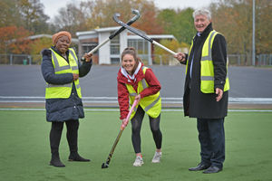 Laura Unsworth with Cllr Paulette Hamilton and hockey club chairman Peter Westbrook 
